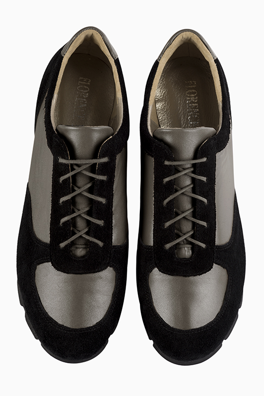 Matt black and taupe brown women's open back shoes. Round toe. Flat rubber soles. Top view - Florence KOOIJMAN